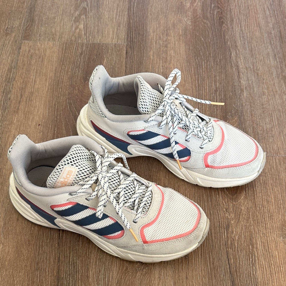 Adidas White and Navy Sneakers with Pink Highlights